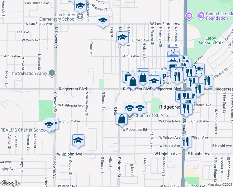 map of restaurants, bars, coffee shops, grocery stores, and more near 111 South Norma Street in Ridgecrest