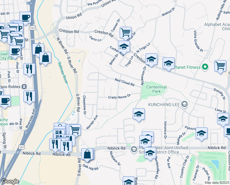 map of restaurants, bars, coffee shops, grocery stores, and more near 517 Rose Lane in Paso Robles