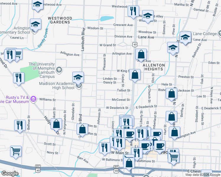 map of restaurants, bars, coffee shops, grocery stores, and more near 237 Talbot Street in Jackson