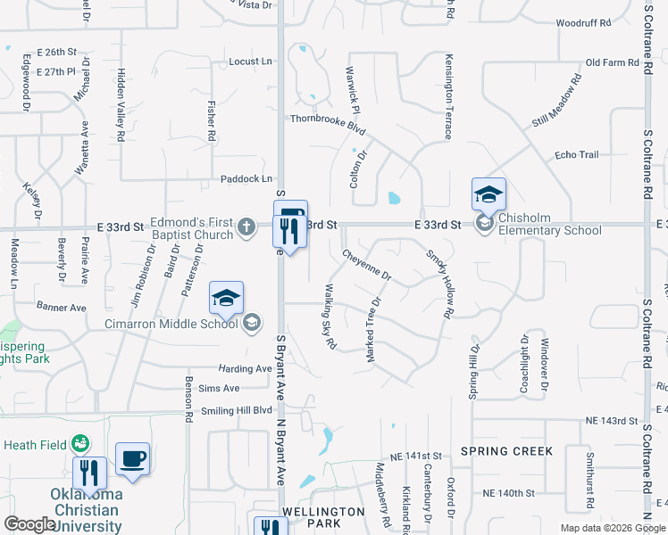 map of restaurants, bars, coffee shops, grocery stores, and more near 3413 Choctaw Drive in Edmond