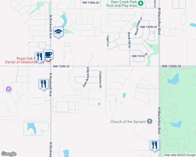 map of restaurants, bars, coffee shops, grocery stores, and more near 6504 NW 149th St in Oklahoma City