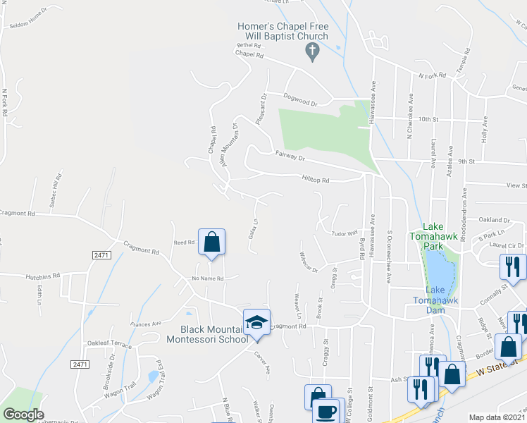 map of restaurants, bars, coffee shops, grocery stores, and more near 311 Allen Mountain Drive in Black Mountain