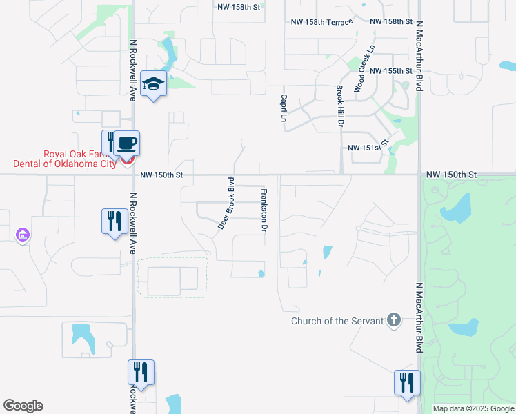 map of restaurants, bars, coffee shops, grocery stores, and more near 6504 NW 149th St in Oklahoma City