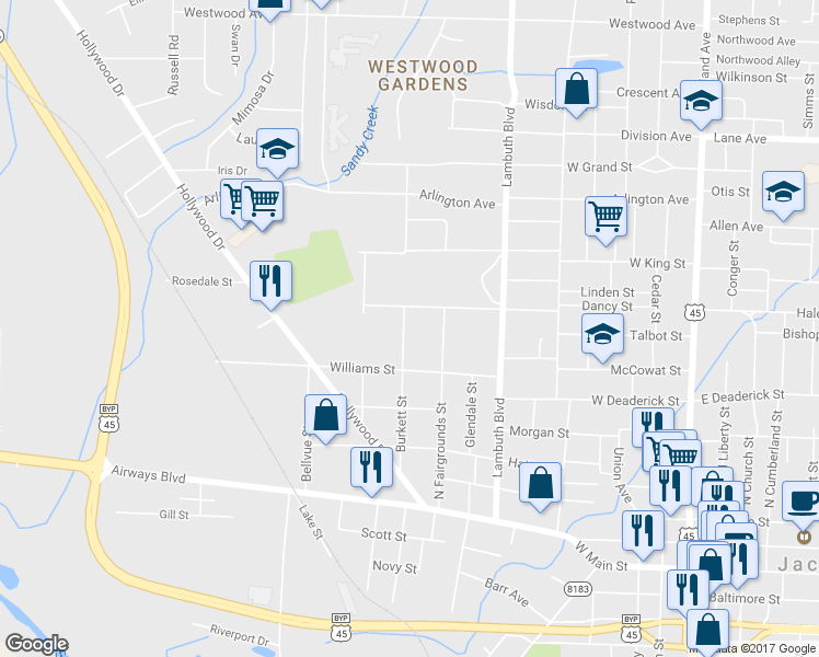 map of restaurants, bars, coffee shops, grocery stores, and more near 536 Burkett Street in Jackson