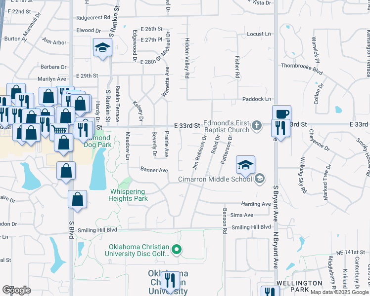 map of restaurants, bars, coffee shops, grocery stores, and more near 3416 Old Georgetowne Road in Edmond