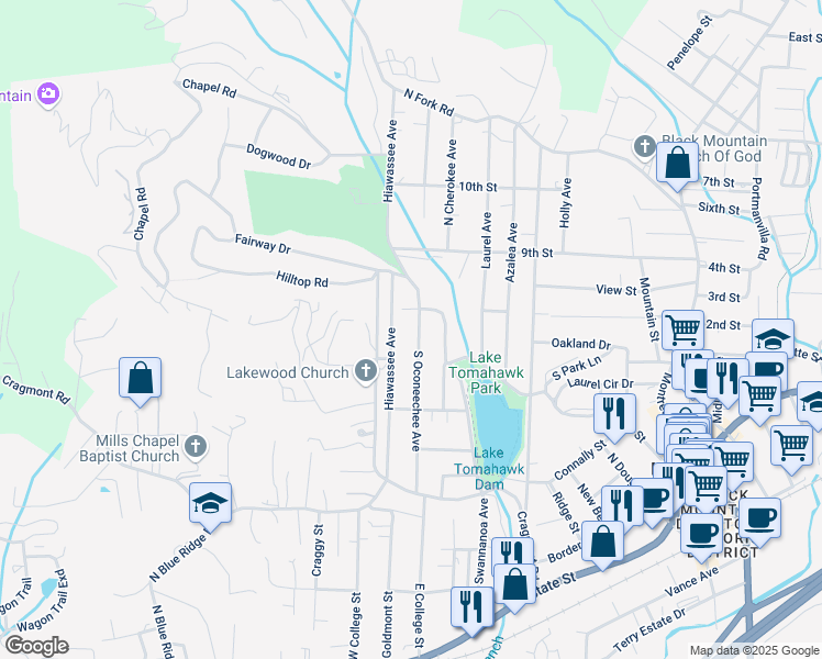 map of restaurants, bars, coffee shops, grocery stores, and more near 511 South Oconeechee Avenue in Black Mountain