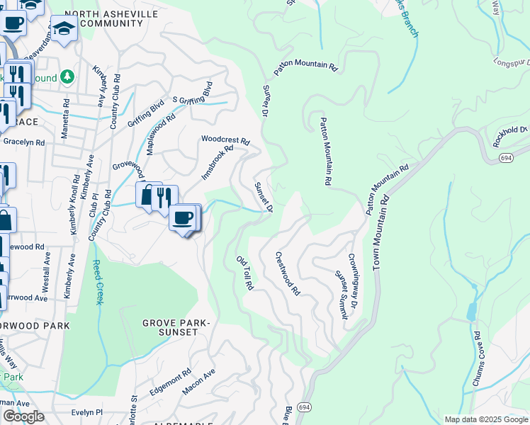 map of restaurants, bars, coffee shops, grocery stores, and more near 474 Sunset Drive in Asheville