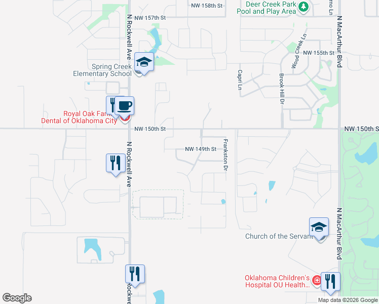 map of restaurants, bars, coffee shops, grocery stores, and more near 6720 NW 149th St in Oklahoma City