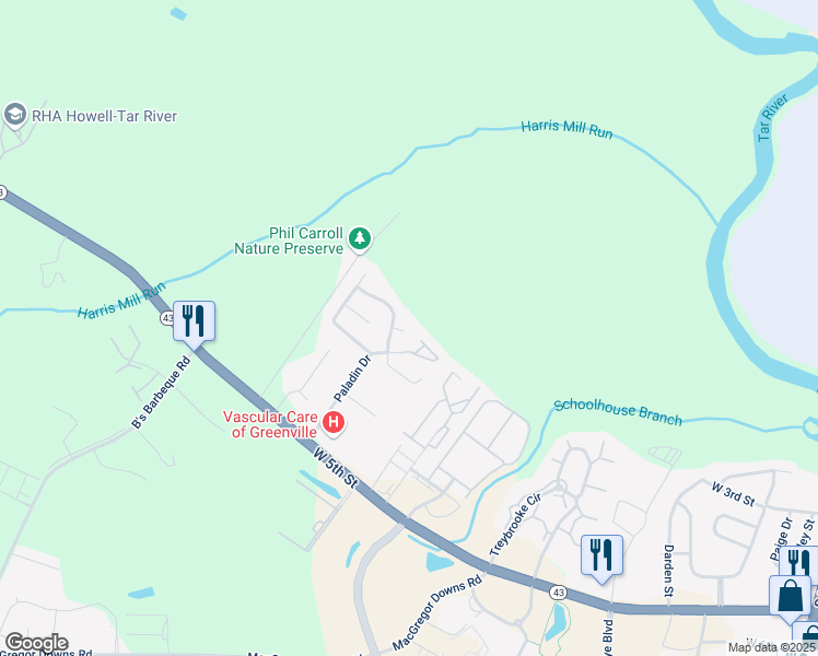 map of restaurants, bars, coffee shops, grocery stores, and more near 2805a Sweet Gum Court in Greenville