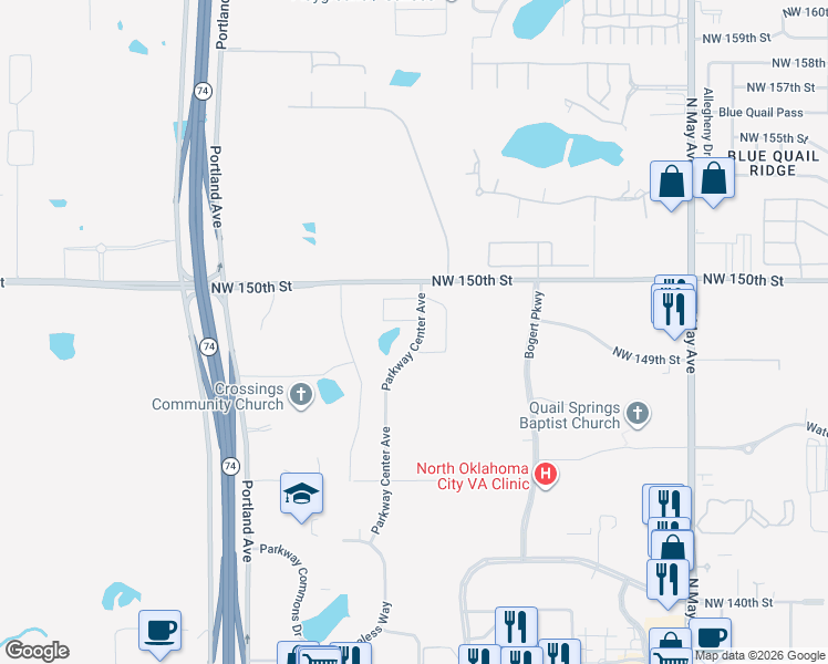 map of restaurants, bars, coffee shops, grocery stores, and more near 14811 Parkway Center Avenue in Oklahoma City