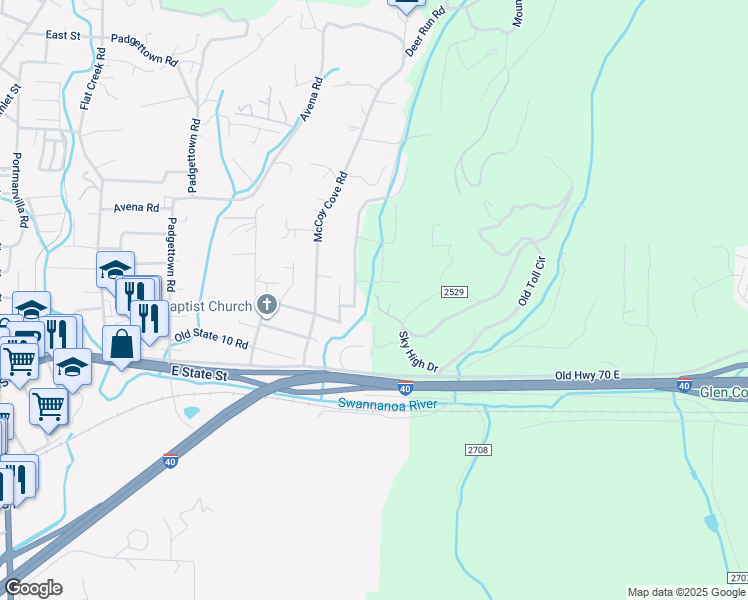 map of restaurants, bars, coffee shops, grocery stores, and more near 99999 West Brook Street in Black Mountain
