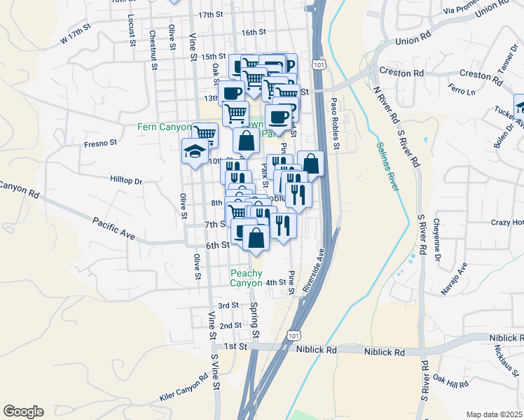 map of restaurants, bars, coffee shops, grocery stores, and more near 721 Park Street in Paso Robles