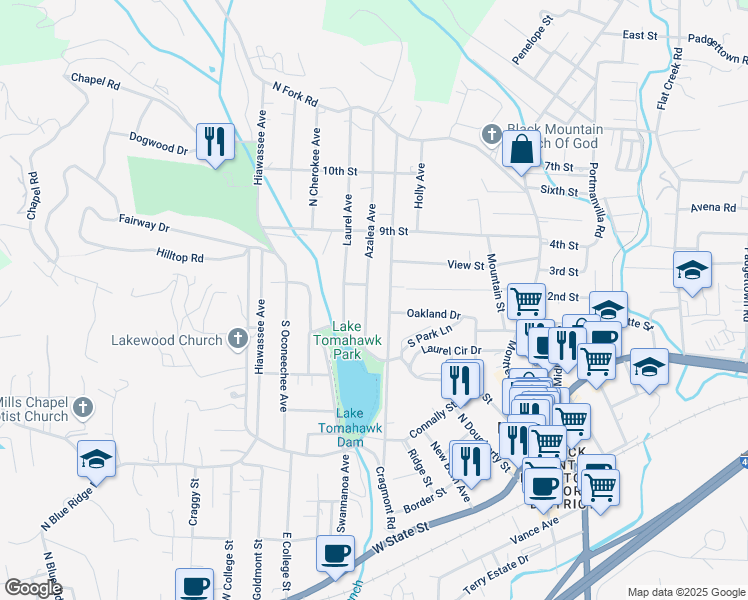 map of restaurants, bars, coffee shops, grocery stores, and more near 523 Rhododendron Avenue in Black Mountain