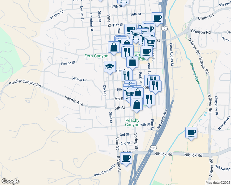 map of restaurants, bars, coffee shops, grocery stores, and more near 738 Vine Street in Paso Robles