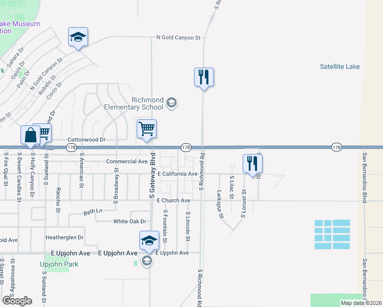 map of restaurants, bars, coffee shops, grocery stores, and more near 108 South Valley Street in Ridgecrest