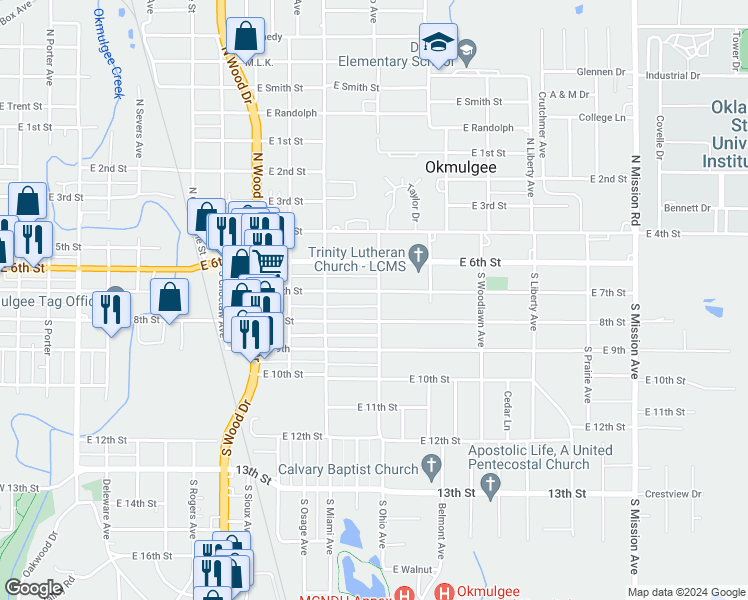 map of restaurants, bars, coffee shops, grocery stores, and more near 1226 East 7th Street in Okmulgee
