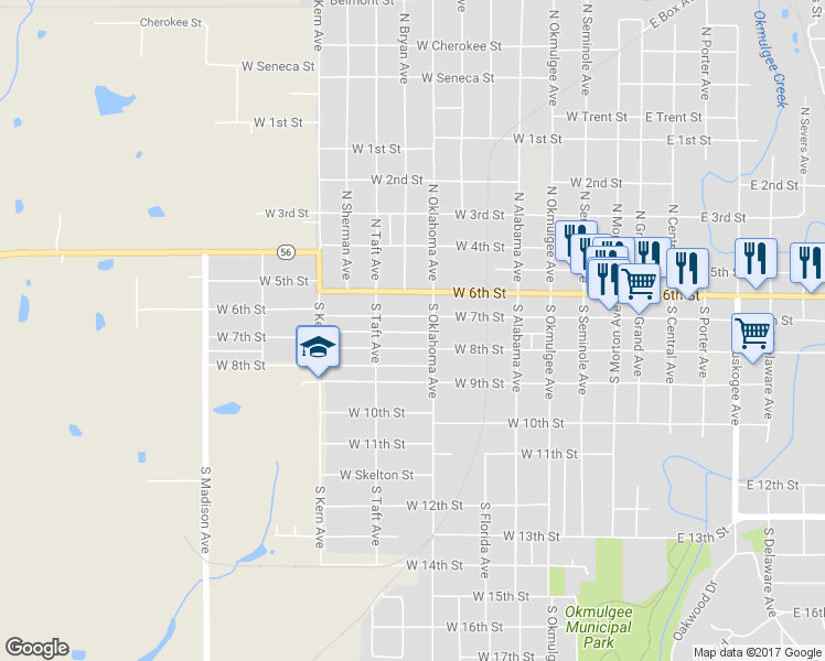 map of restaurants, bars, coffee shops, grocery stores, and more near 814 West 7th Street in Okmulgee