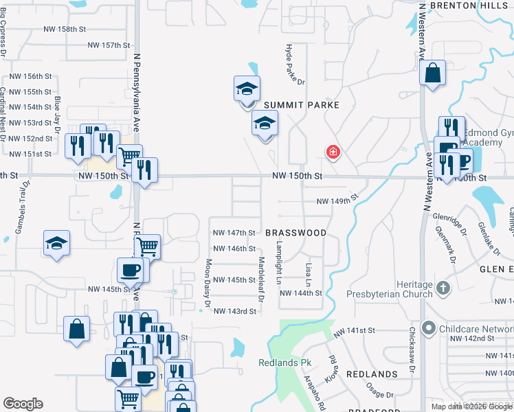 map of restaurants, bars, coffee shops, grocery stores, and more near 1608 Northwest 149th Street in Edmond