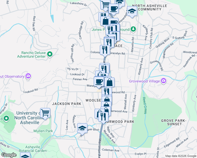 map of restaurants, bars, coffee shops, grocery stores, and more near 26 Fenner Avenue in Asheville