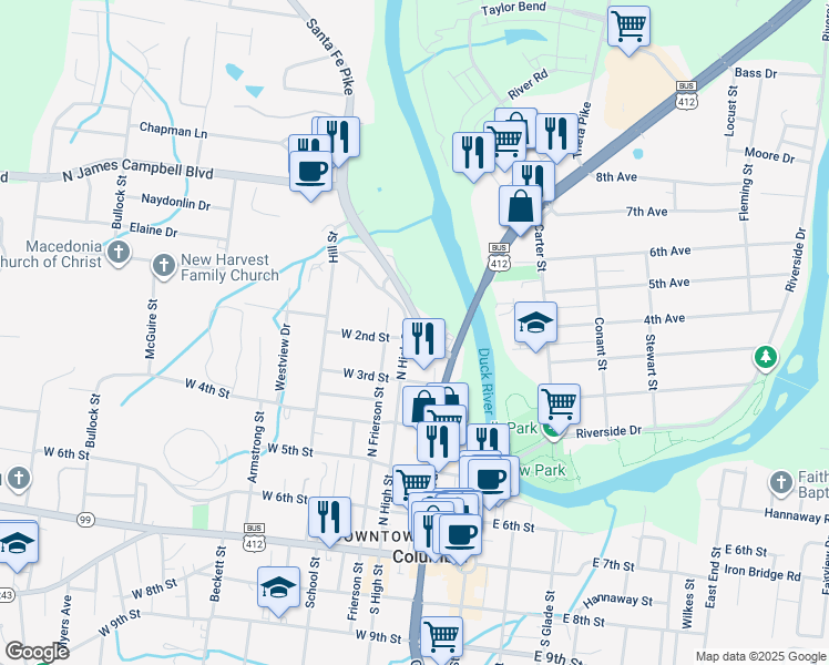 map of restaurants, bars, coffee shops, grocery stores, and more near 210 North High Street in Columbia