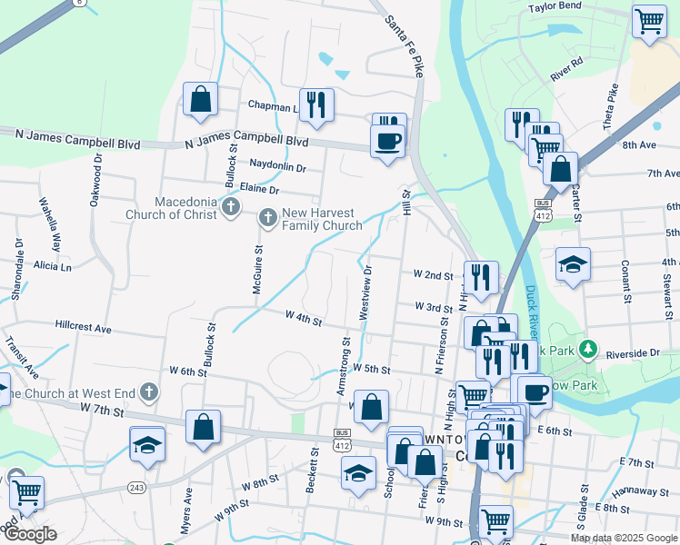 map of restaurants, bars, coffee shops, grocery stores, and more near 401 Armstrong Street in Columbia