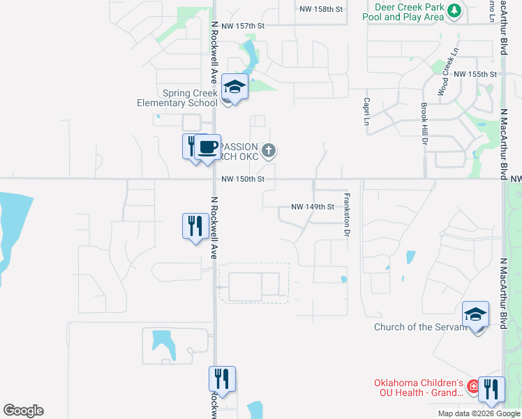 map of restaurants, bars, coffee shops, grocery stores, and more near 14909 Adelaide Drive in Oklahoma City