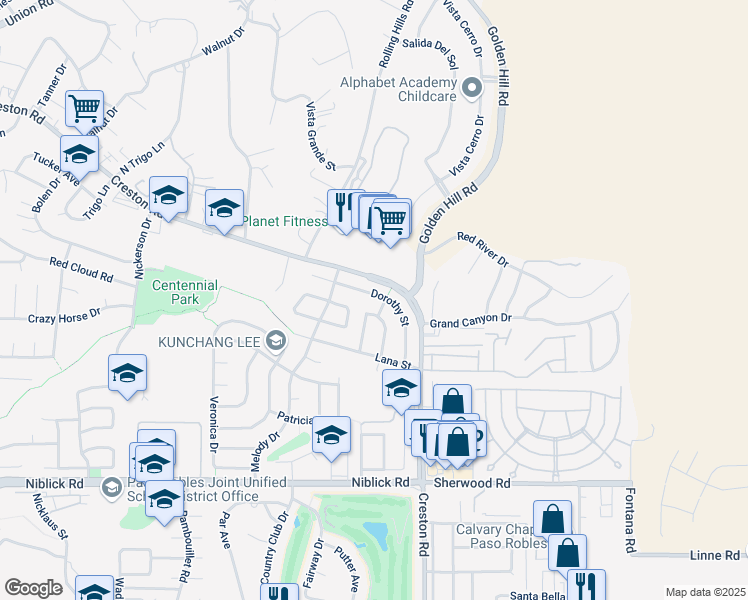 map of restaurants, bars, coffee shops, grocery stores, and more near 1176 Dorothy Street in Paso Robles