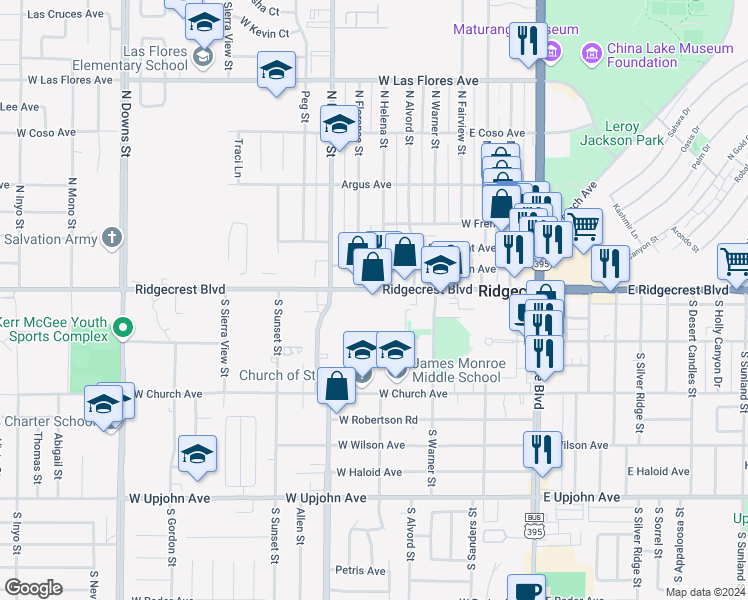 map of restaurants, bars, coffee shops, grocery stores, and more near 345 West Ridgecrest Boulevard in Ridgecrest