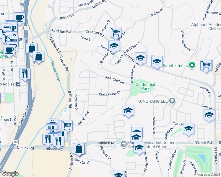 map of restaurants, bars, coffee shops, grocery stores, and more near 517 Rose Lane in Paso Robles
