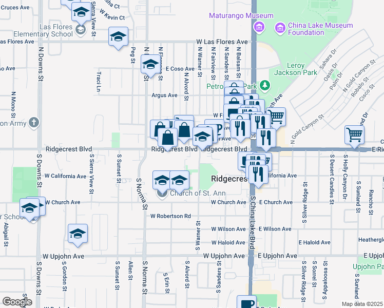 map of restaurants, bars, coffee shops, grocery stores, and more near 309 West Ridgecrest Boulevard in Ridgecrest