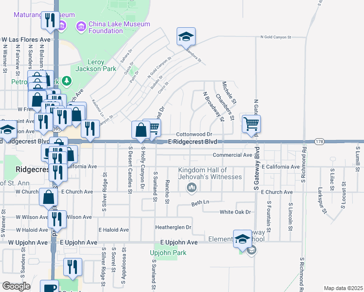 map of restaurants, bars, coffee shops, grocery stores, and more near 601 East Ridgecrest Boulevard in Ridgecrest