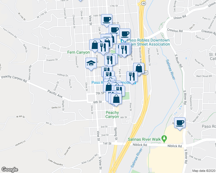 map of restaurants, bars, coffee shops, grocery stores, and more near 624 8th Street in Paso Robles
