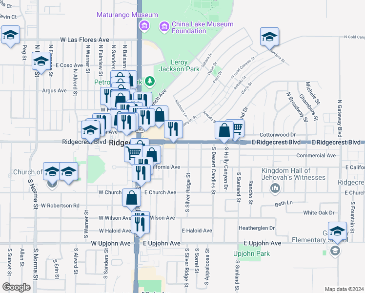 map of restaurants, bars, coffee shops, grocery stores, and more near 235 East Ridgecrest Boulevard in Ridgecrest