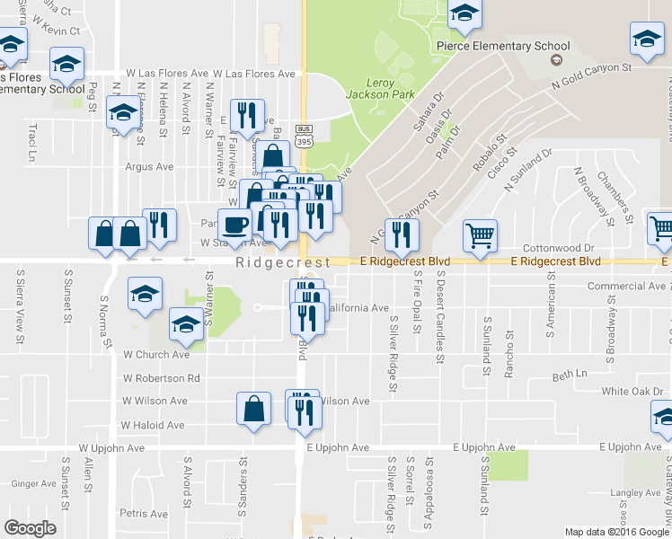 map of restaurants, bars, coffee shops, grocery stores, and more near 129 1/2 East Ridgecrest Boulevard in Ridgecrest