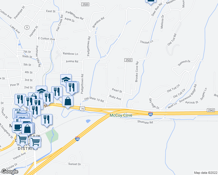 map of restaurants, bars, coffee shops, grocery stores, and more near 402 Kerlee Heights Road in Black Mountain