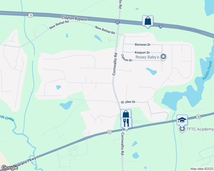 map of restaurants, bars, coffee shops, grocery stores, and more near 103 Carrington Drive in Garner