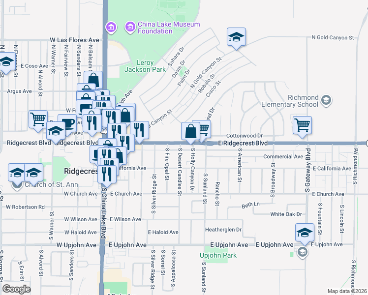 map of restaurants, bars, coffee shops, grocery stores, and more near 112 South Desert Candles Street in Ridgecrest