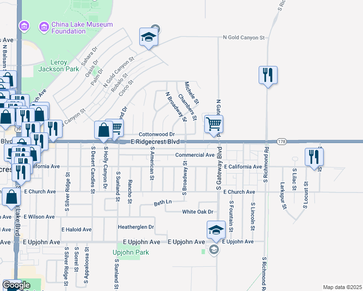 map of restaurants, bars, coffee shops, grocery stores, and more near 719 East Ridgecrest Boulevard in Ridgecrest