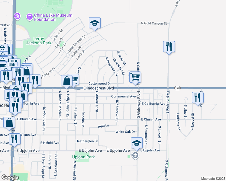 map of restaurants, bars, coffee shops, grocery stores, and more near 719 East Ridgecrest Boulevard in Ridgecrest