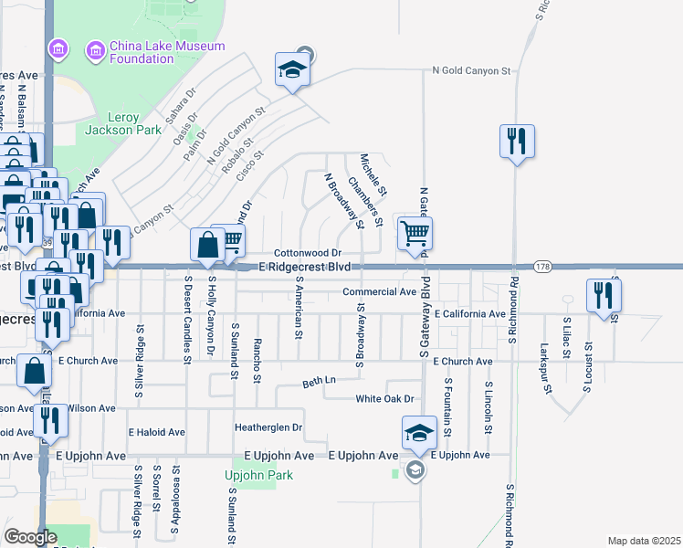 map of restaurants, bars, coffee shops, grocery stores, and more near 719 East Ridgecrest Boulevard in Ridgecrest