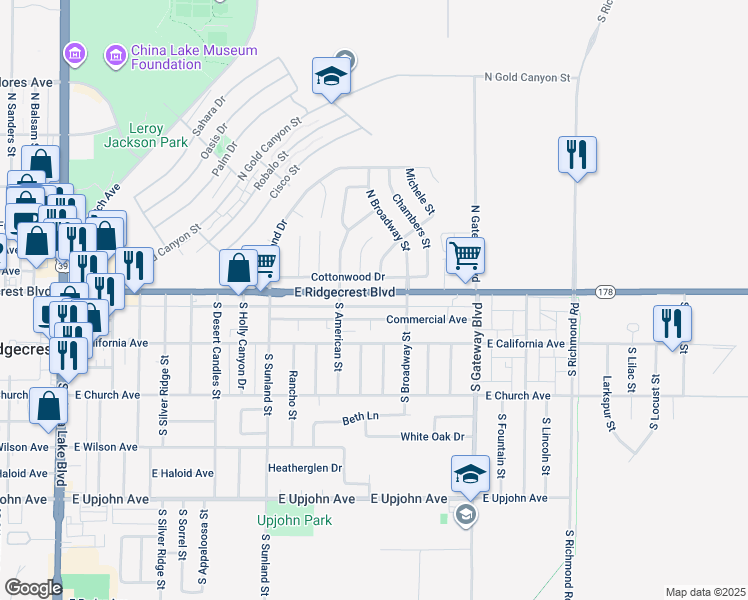 map of restaurants, bars, coffee shops, grocery stores, and more near 636 Commercial Avenue in Ridgecrest