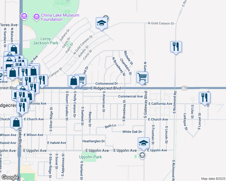 map of restaurants, bars, coffee shops, grocery stores, and more near 636 Commercial Avenue in Ridgecrest