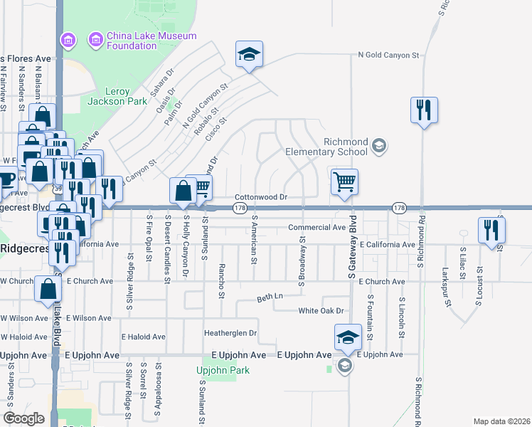 map of restaurants, bars, coffee shops, grocery stores, and more near 636 Commercial Avenue in Ridgecrest