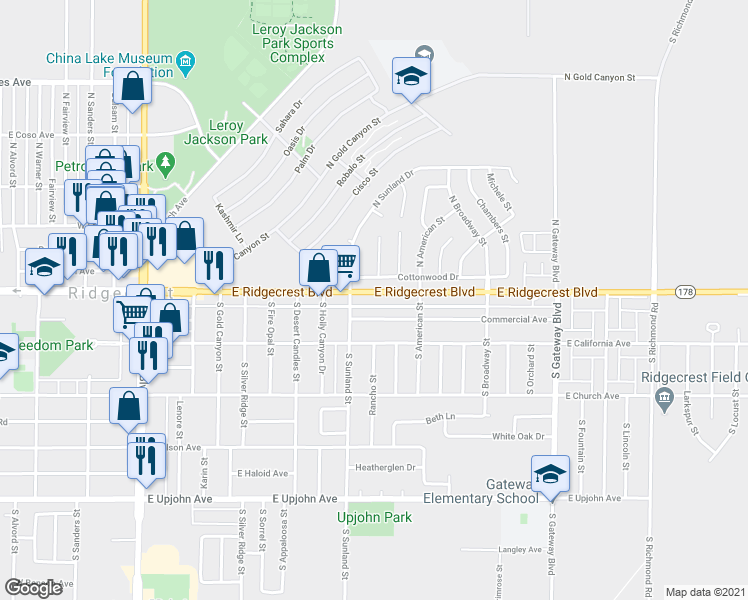 map of restaurants, bars, coffee shops, grocery stores, and more near 525 California 178 in Ridgecrest