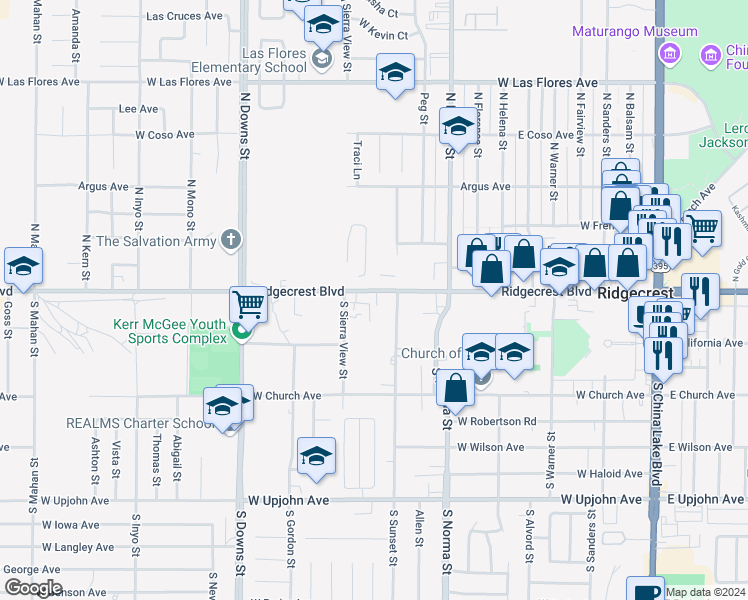 map of restaurants, bars, coffee shops, grocery stores, and more near 633 West Ridgecrest Boulevard in Ridgecrest