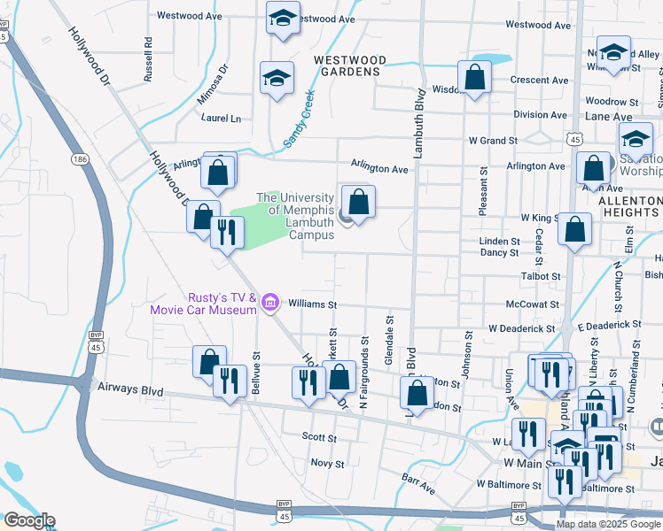 map of restaurants, bars, coffee shops, grocery stores, and more near 536 Burkett Street in Jackson