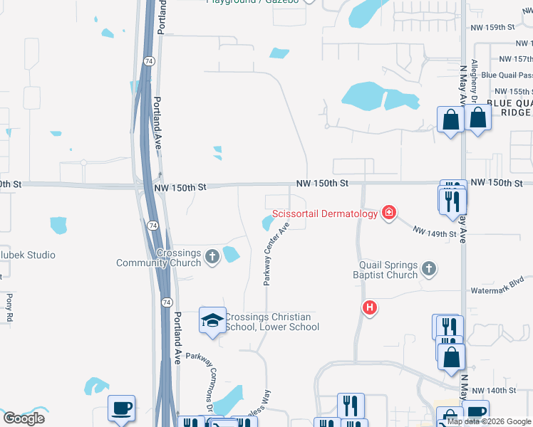 map of restaurants, bars, coffee shops, grocery stores, and more near 14980-15048 Columbia Drive in Oklahoma City