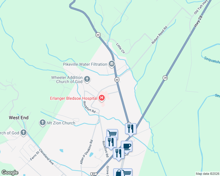 map of restaurants, bars, coffee shops, grocery stores, and more near 185 Wheelertown Avenue in Pikeville