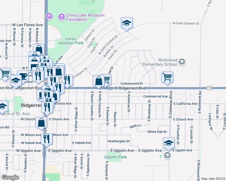 map of restaurants, bars, coffee shops, grocery stores, and more near 513 East Ridgecrest Boulevard in Ridgecrest