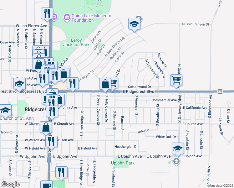 map of restaurants, bars, coffee shops, grocery stores, and more near 501 East Ridgecrest Boulevard in Ridgecrest